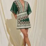 Artistic Print Linen Deep V-Neck Short Sleeve Mini Dress – Wrena