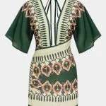 Artistic Print Linen Deep V-Neck Short Sleeve Mini Dress – Wrena