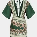 Artistic Print Linen Deep V-Neck Short Sleeve Mini Dress – Wrena