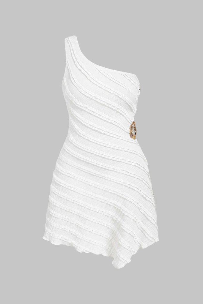 Textured Metallic One Shoulder Sleeveless Mini Dress