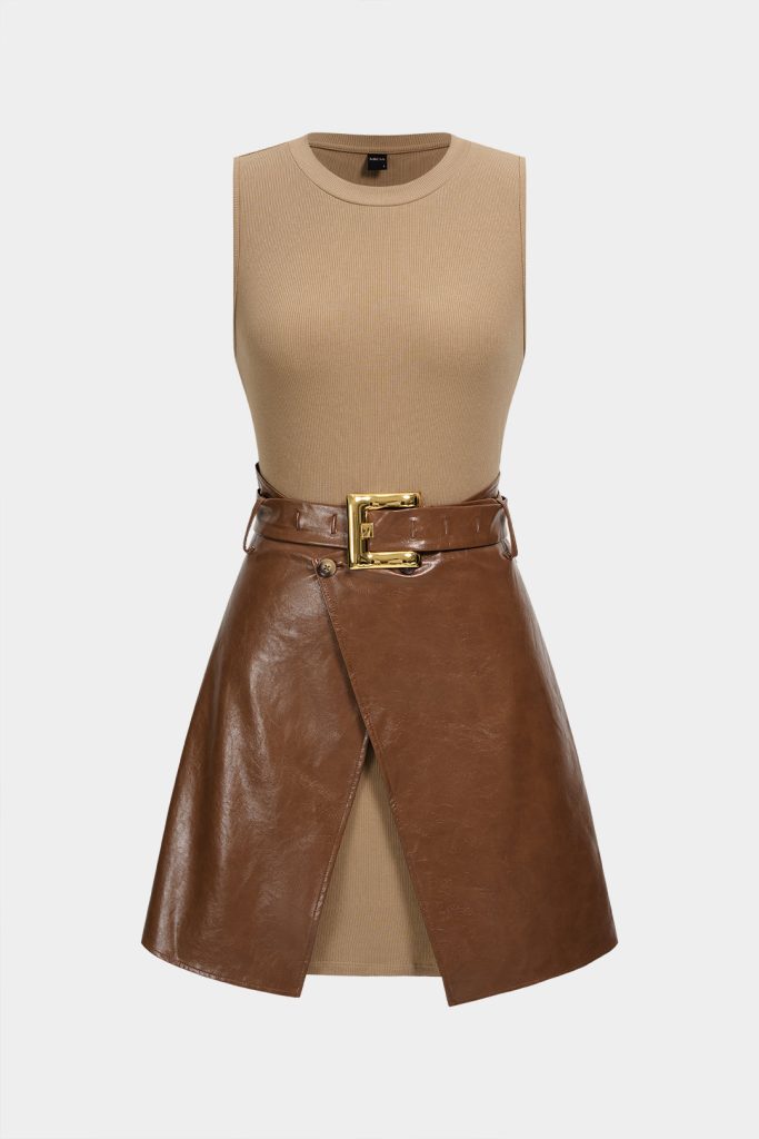 Faux Leather Patchwork Belted Metallic Sleeveless Mini Dress