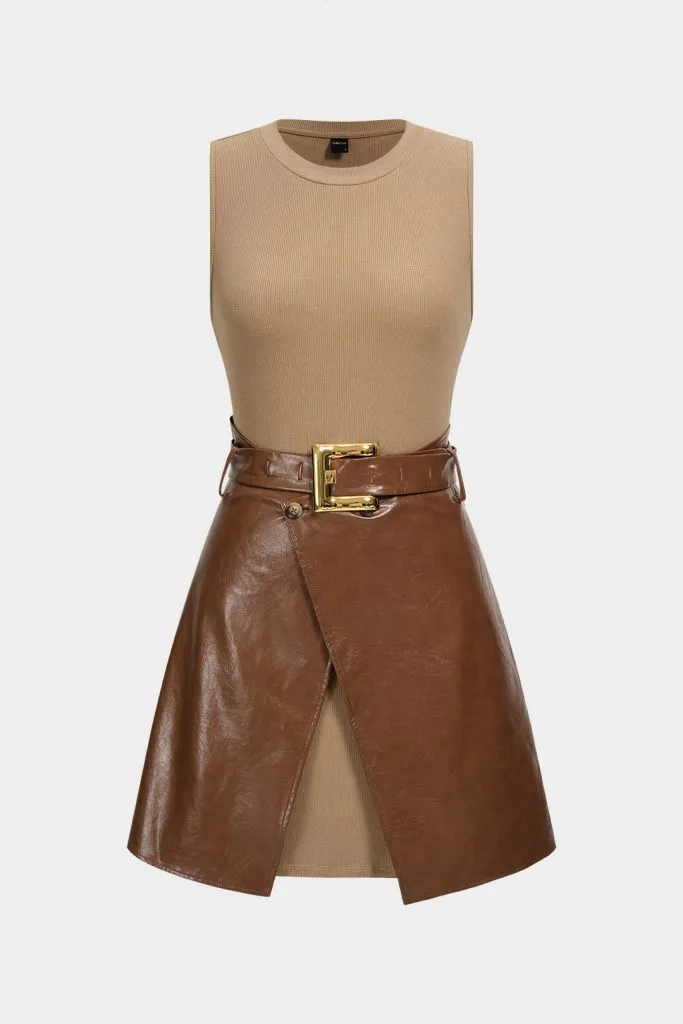 Faux Leather Patchwork Belted Metallic Sleeveless Mini Dress – Wrena