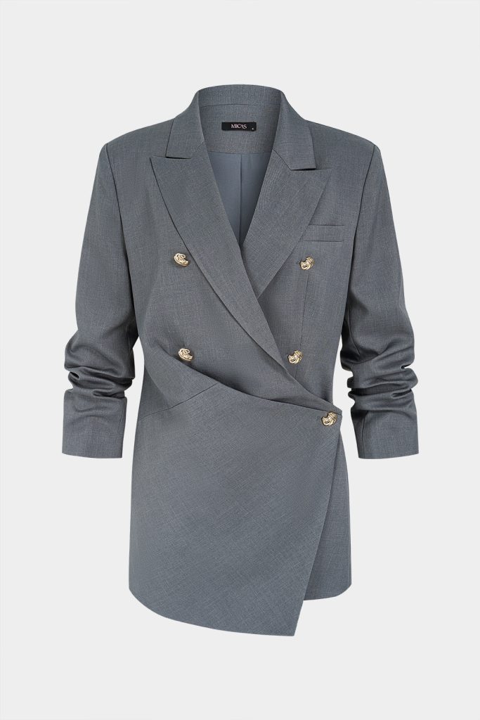 Asymmetrical Metallic Button Long Sleeve Mini Dress