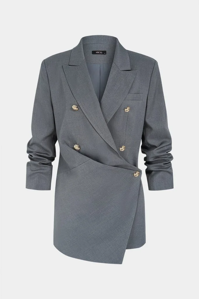 Asymmetrical Metallic Button Long Sleeve Mini Dress – Wrena