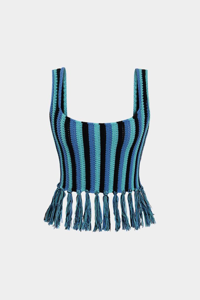 Knit Stripes Print Fringe Tank Top