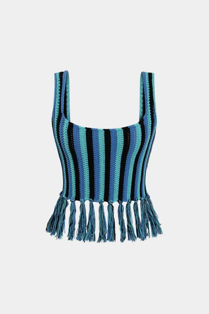 Knit Stripes Print Fringe Tank Top