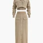 Cropped Button-Up Knit Top And Maxi Skirt Set – Wrena