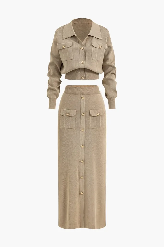 Cropped Button-Up Knit Top And Maxi Skirt Set – Wrena
