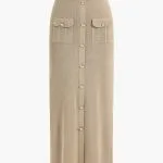 Cropped Button-Up Knit Top And Maxi Skirt Set – Wrena