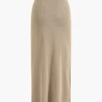 Cropped Button-Up Knit Top And Maxi Skirt Set – Wrena