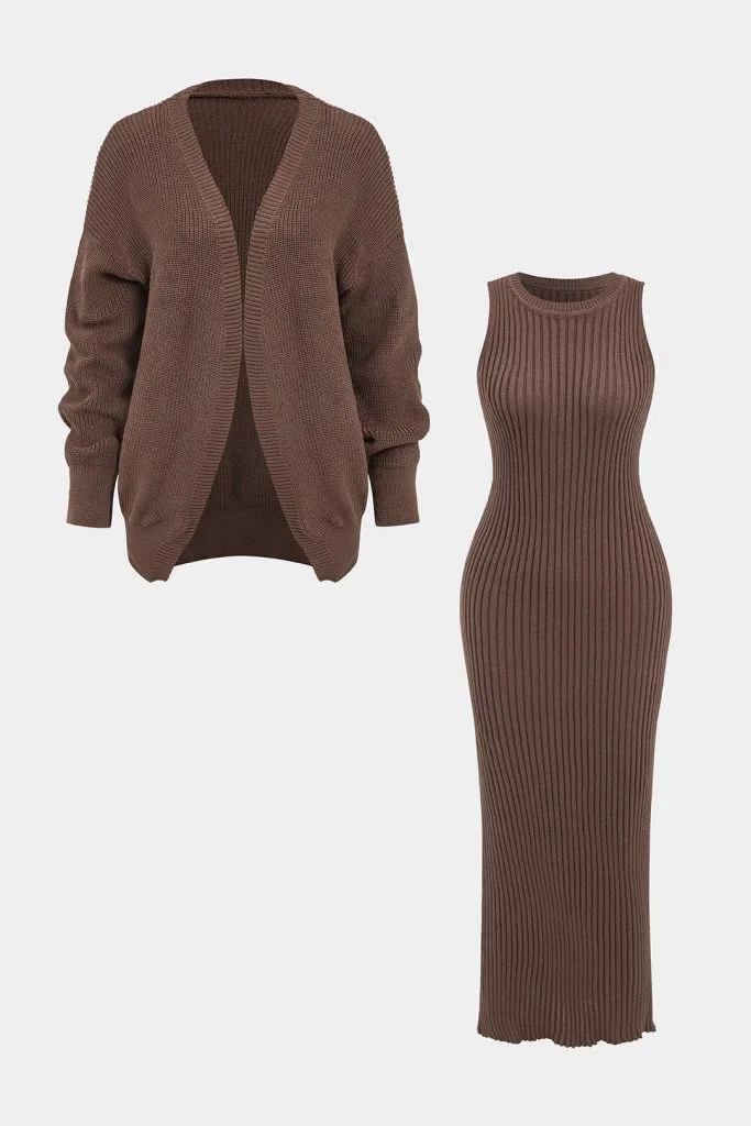Ribbed Knit Dress And Cardigan Set – Wrena