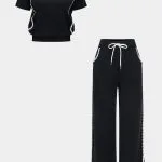 Knit Contrast Cut Out Short-Sleeve Top And Tie-Up Wide Leg Trousers Set – Wrena