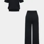 Knit Contrast Cut Out Short-Sleeve Top And Tie-Up Wide Leg Trousers Set – Wrena