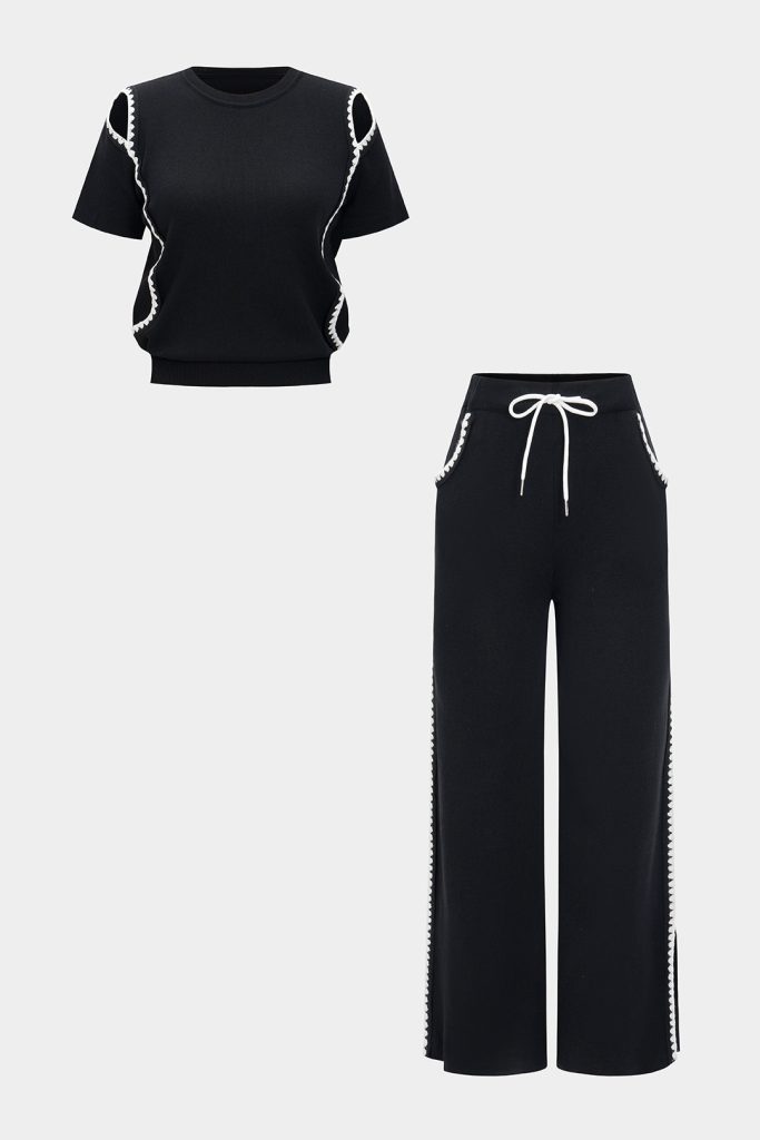 Knit Contrast Cut Out Short-Sleeve Top And Tie-Up Wide Leg Trousers Set