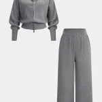 Knit Zipper Long-Sleeve Hoodie And Shirred Waistband Zipper Wide Leg Pants Set – Wrena