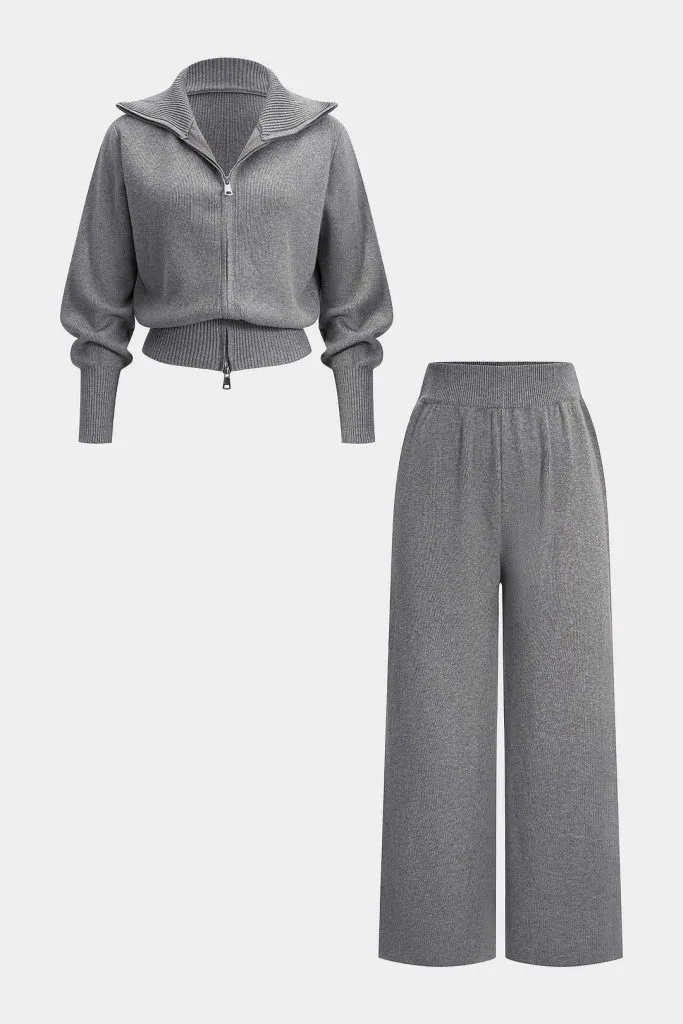 Knit Zipper Long-Sleeve Hoodie And Shirred Waistband Zipper Wide Leg Pants Set – Wrena