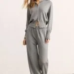 Knit Zipper Long-Sleeve Hoodie And Shirred Waistband Zipper Wide Leg Pants Set – Wrena