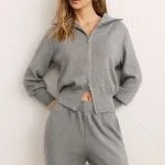 Knit Zipper Long-Sleeve Hoodie And Shirred Waistband Zipper Wide Leg Pants Set – Wrena