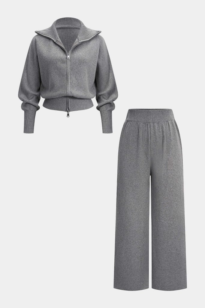 Knit Zipper Long-Sleeve Hoodie And Shirred Waistband Zipper Wide Leg Pants Set