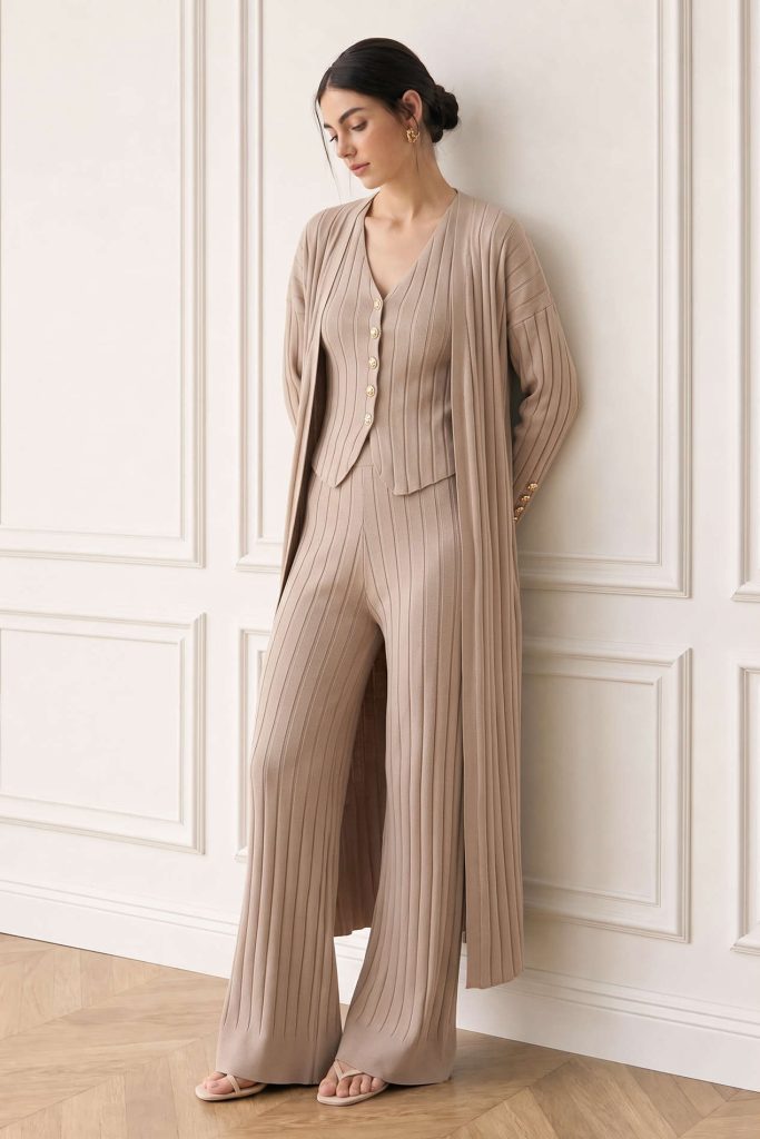 Knit V-Neck Button Ribbed Vest And Cardigan And Wide Leg Pants Set