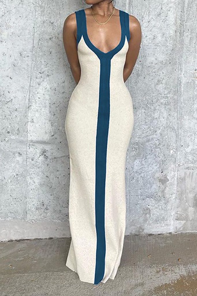 Semi-Sheer Colorblock V-Neck Ribbed Split Maxi Dress
