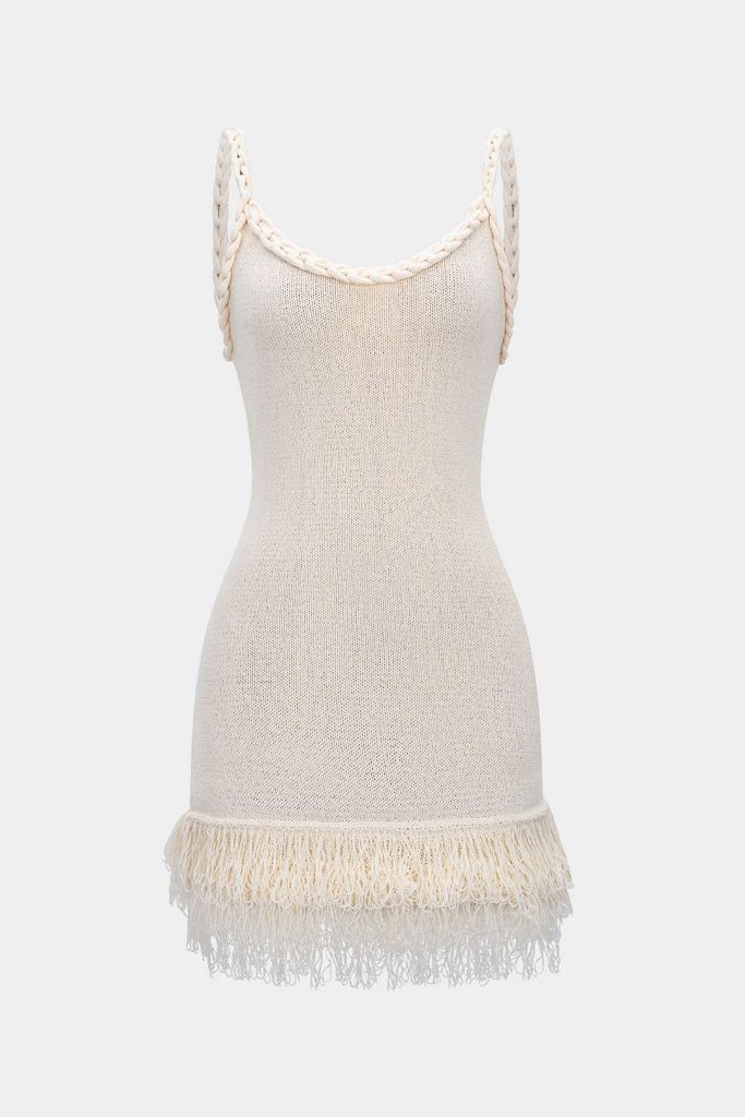 Open Knit Fringe Braided Backless Slip Sleeveless Mini Dress