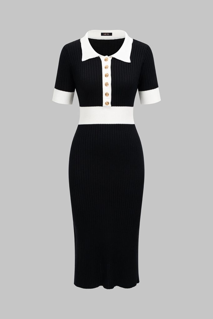 Knit Contrast Polo Collar Button Short Sleeve Midi Dress