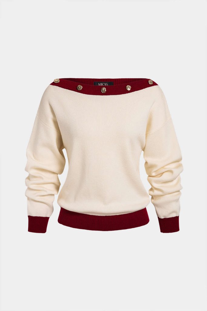 Knit Contrast Trim Off Shoulder Long Sleeve Top