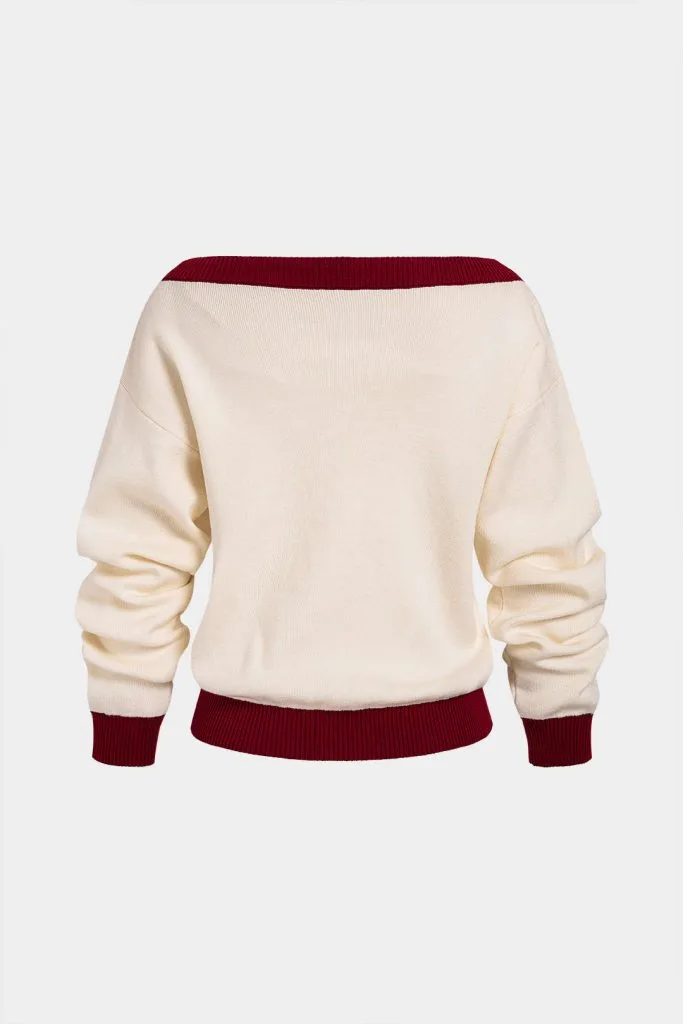 Knit Contrast Trim Off Shoulder Long Sleeve Top – Wrena
