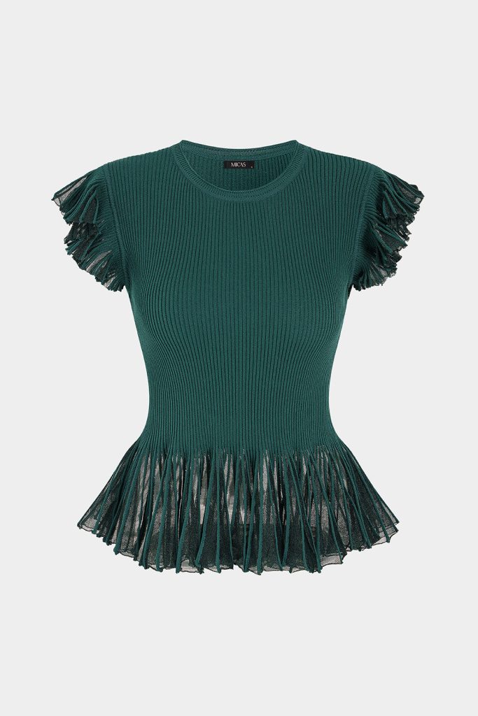 Knit Round Neck Ruffle Short Sleeve Top