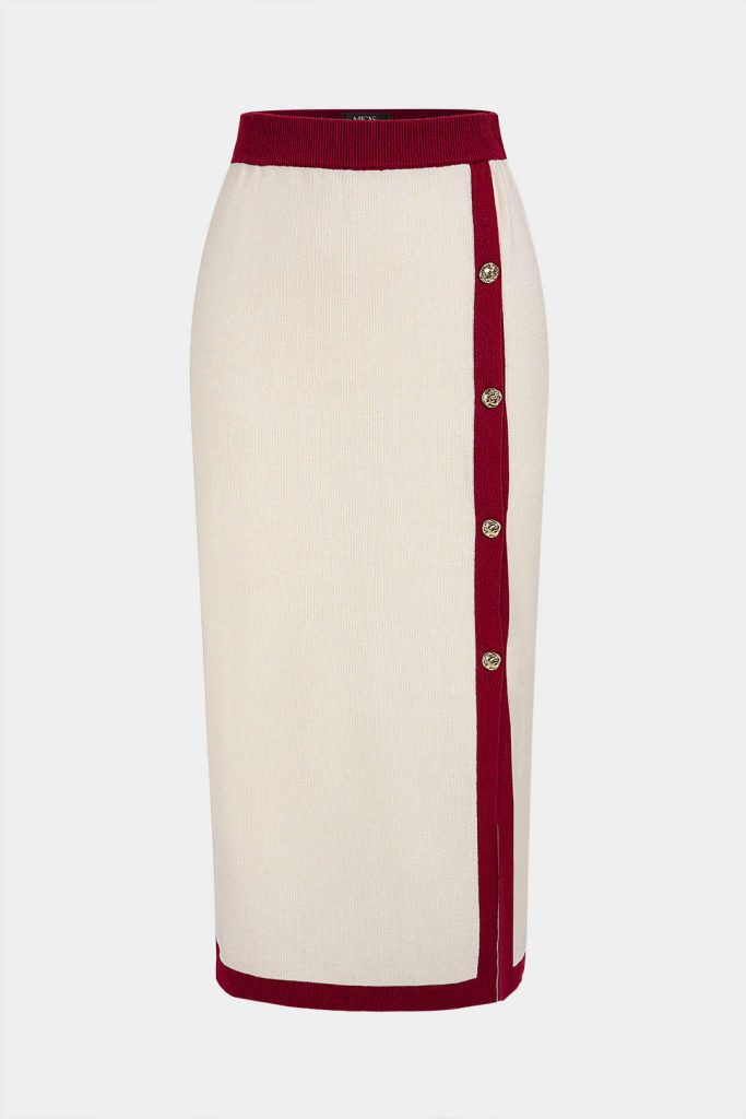 Knit Contrast Trim Metallic Button Skirt