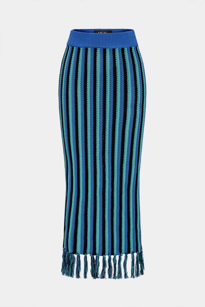 Knit Stripes Print Fringe Hem Skirt