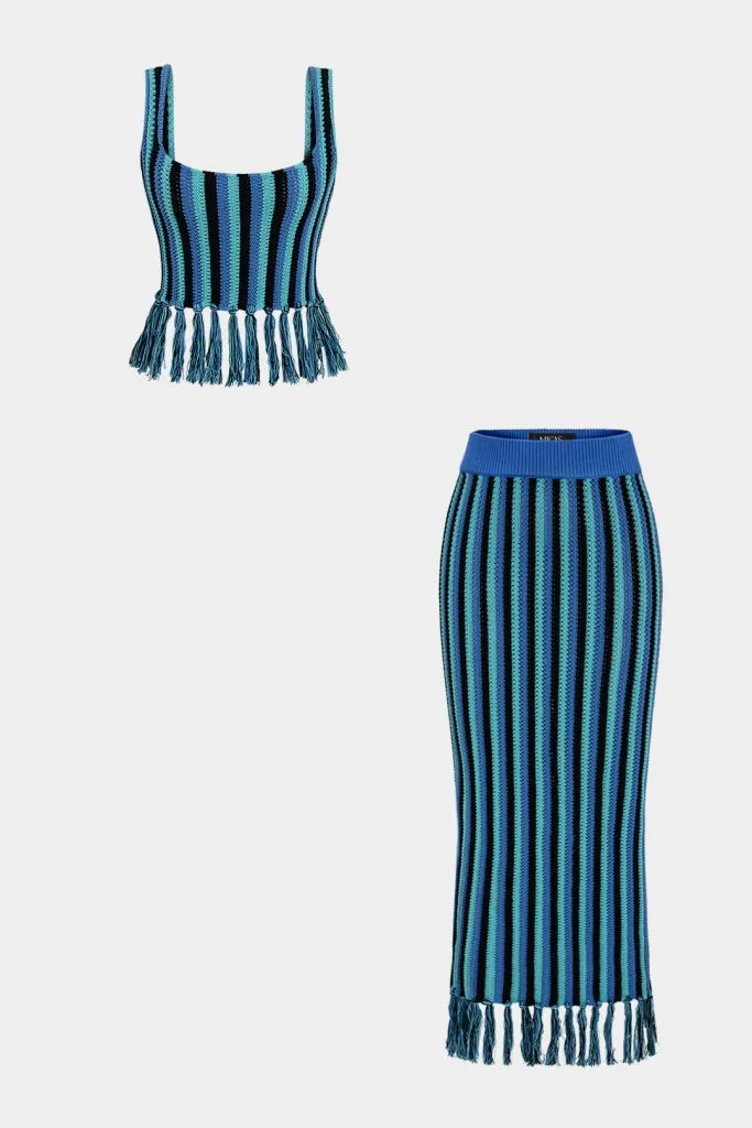 Knit Stripes Print Fringe Hem Skirt – Wrena