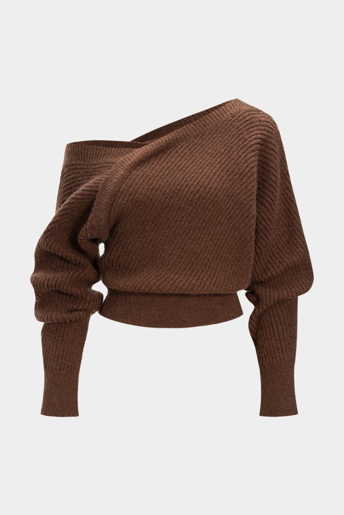 Knit Asymmetrical One Shoulder Ribbed Long-Sleeve Top