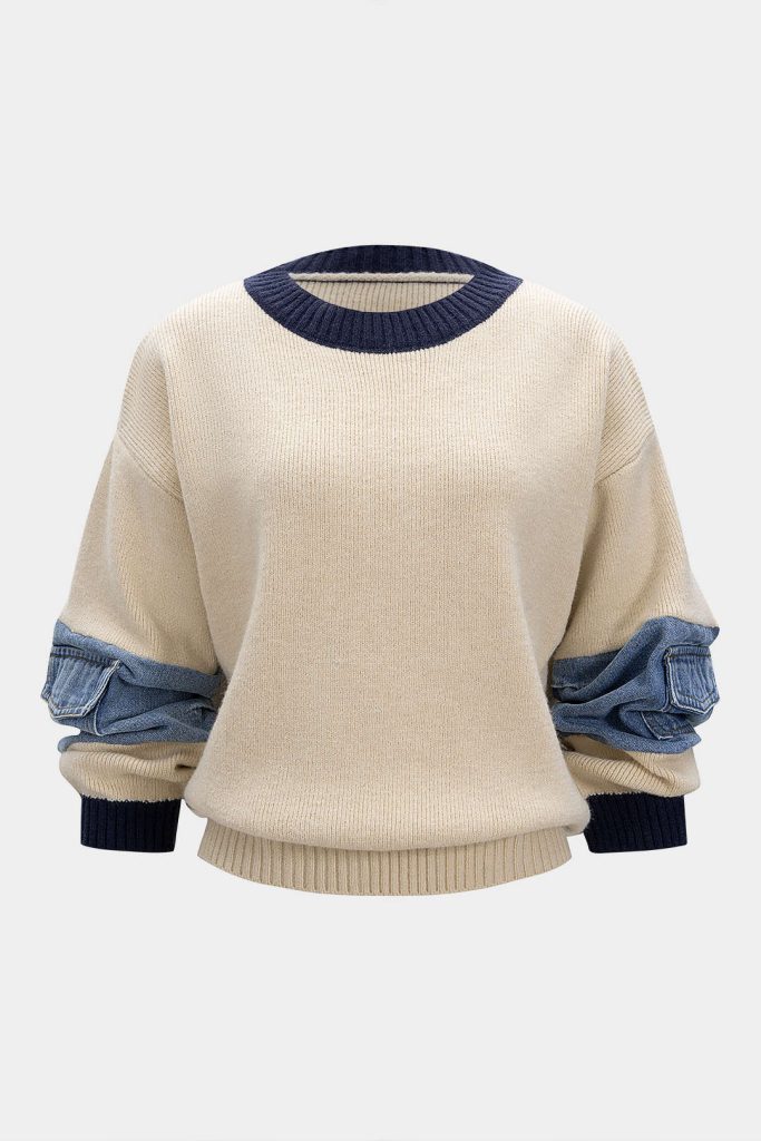 Knit Denim Patchwork Contrast Ribbed Long-Sleeve Top