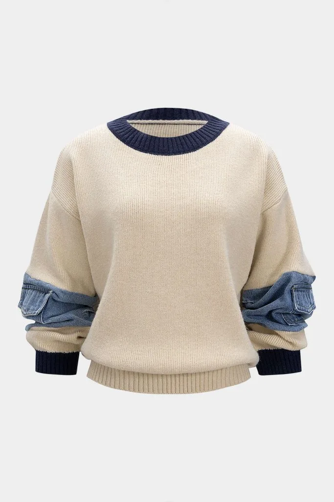 Knit Denim Patchwork Contrast Ribbed Long-Sleeve Top – Wrena