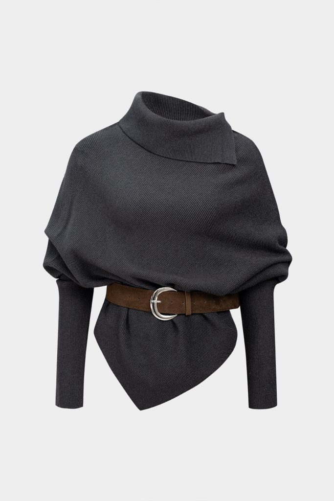 Knit Belted Asymmetrical Long-Sleeve Top