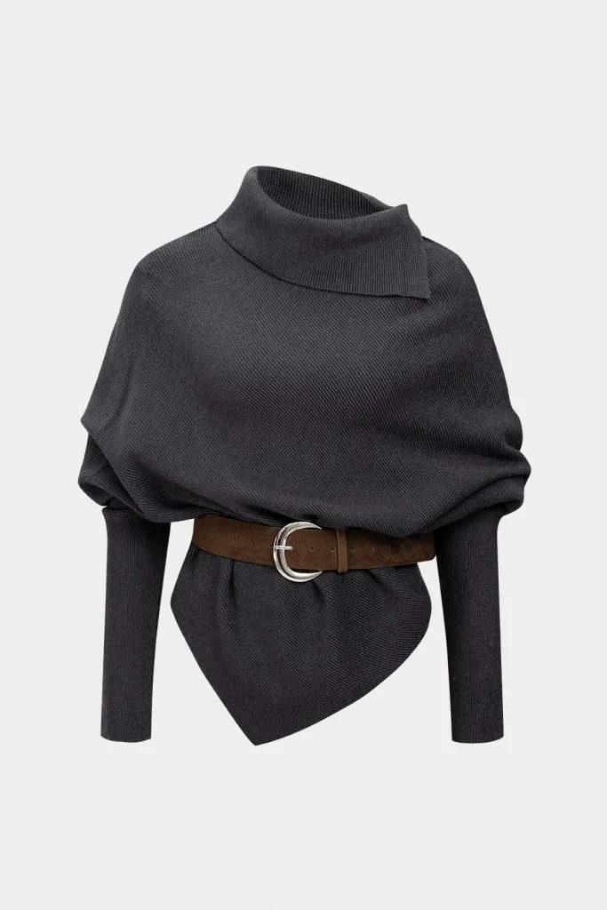 Knit Belted Asymmetrical Long-Sleeve Top – Wrena