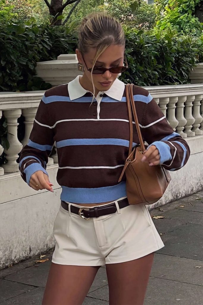 Knit Striped Contrast Collar Button Long-Sleeve Top