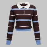 Knit Striped Contrast Collar Button Long-Sleeve Top – Wrena