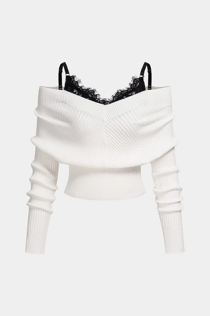 Knit Patchwork Lace Trim Long-Sleeve Top – Wrena