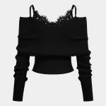 Knit Patchwork Lace Trim Long-Sleeve Top – Wrena