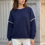 Knit Round Neck Contrast Trim Long-Sleeve Top – Wrena