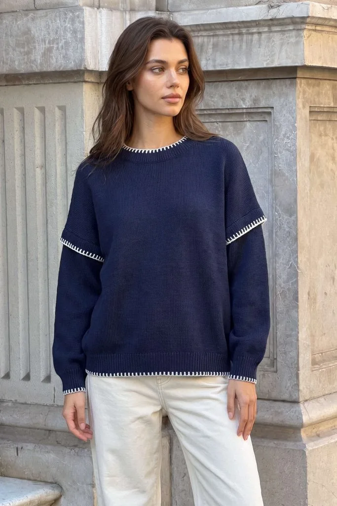 Knit Round Neck Contrast Trim Long-Sleeve Top – Wrena