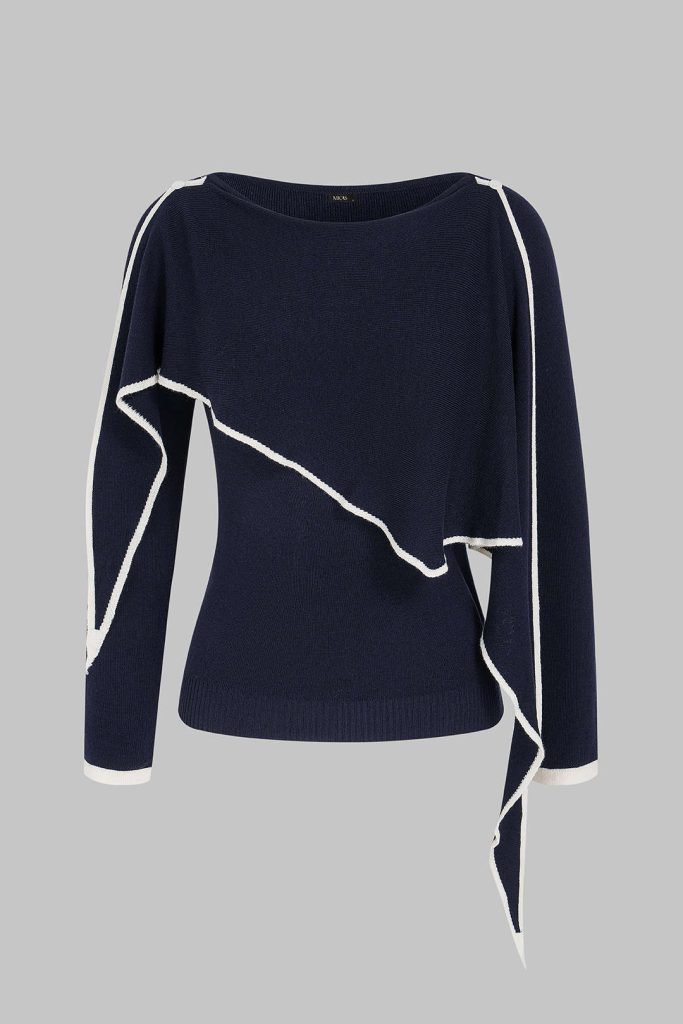 Knit Round Neck Asymmetrical Contrast Trim Long-Sleeve Top