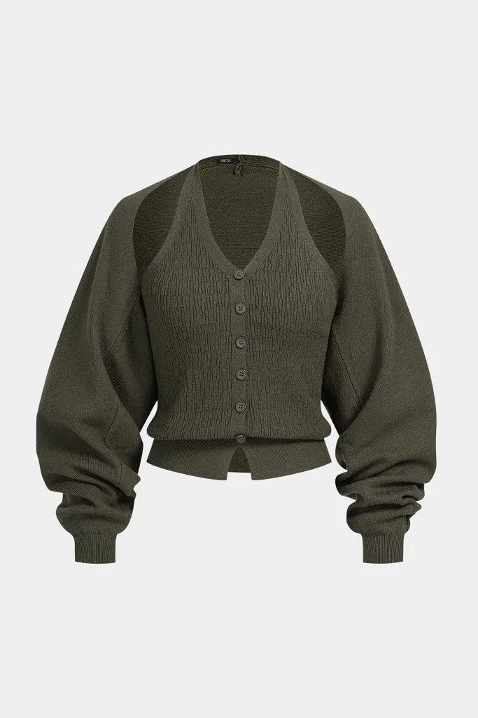 Knit V-Neck Button Long-Sleeve Top – Wrena
