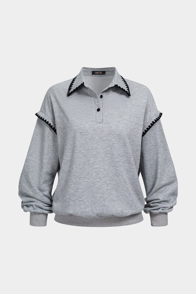 Contrast Trim Lapel Button Sweatshirt