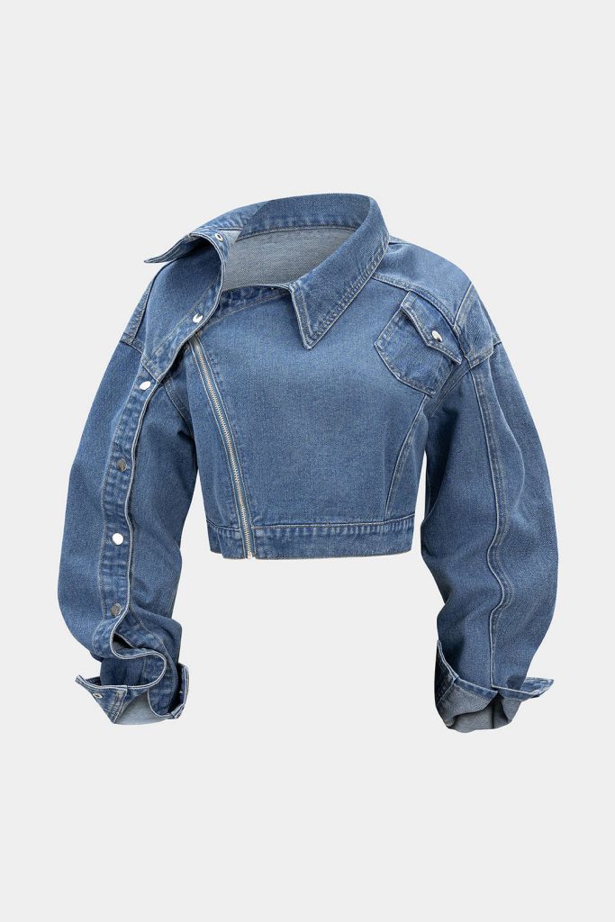 Denim  Asymmetrical Zipper Long-Sleeve Jacket