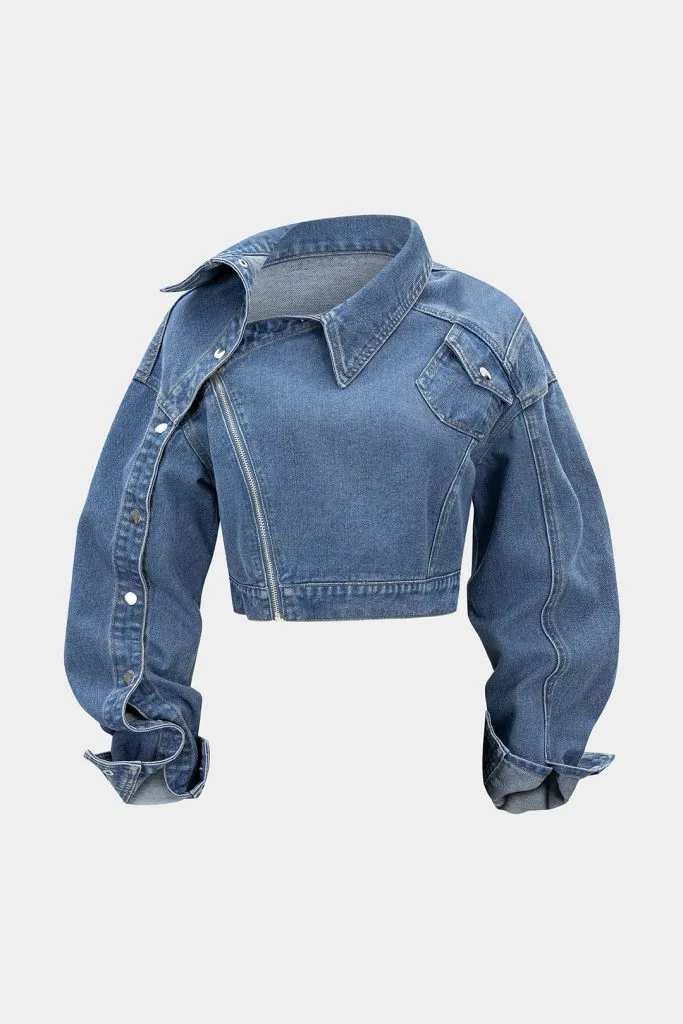 Denim  Asymmetrical Zipper Long-Sleeve Jacket – Wrena