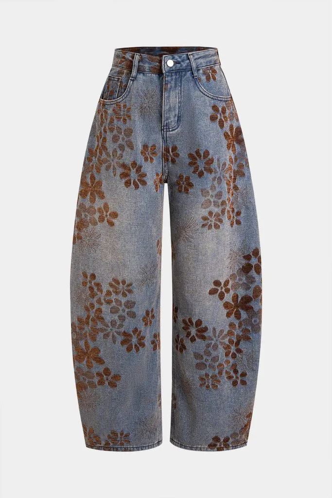Denim Floral Print High-Waist Pocket Jeans – Wrena
